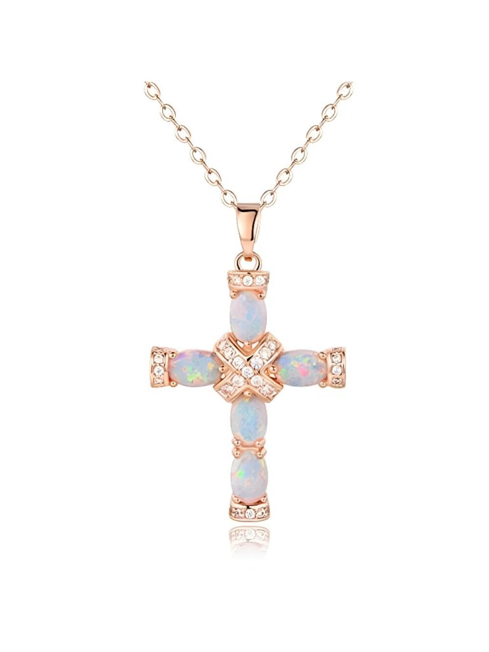 18K Gold Plated Created Opal Cross with Chain, 18 Inches with 2 Inches Extension